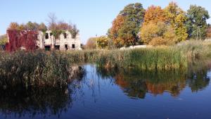 an old building sitting next to a body of water at Rezydencja Pałac Lucja BB in Zakrzów