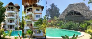un collage di due immagini di un edificio e di una piscina di Simba House a Watamu