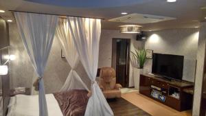 a bedroom with a canopy bed and a television at ホテルヴィラコスタ Adult Only 男塾ホテルグループ in Hikone