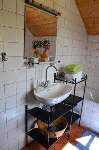 a bathroom with a sink and a mirror and a tub at Marhütte in Ebene Reichenau