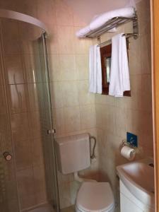 a bathroom with a toilet and a shower and towels at Transilvania Garden House in Miercurea-Ciuc +69 photos