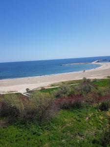 a beach with people walking on the sand and the ocean at Apartament Flo in Constanţa