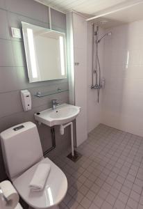 uma casa de banho com um WC, um lavatório e um espelho. em Hotel Hirvi em Äänekoski