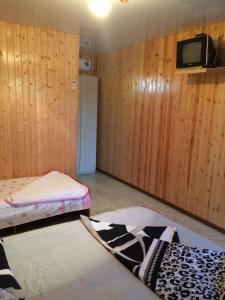 a room with two beds and a tv on a wall at Островок in Pizunda