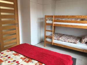 - une chambre avec 2 lits superposés et un tapis rouge dans l'établissement Szende Apartman, à Balatonfüred