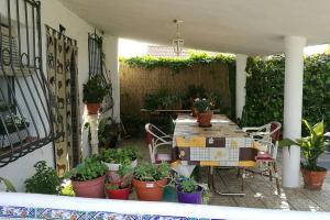 un patio con tavolo e un mucchio di piante in vaso di Casa de Campo Talavera a Talavera de la Reina