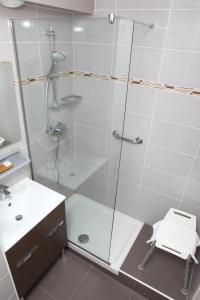 La salle de bains est pourvue d'une douche, de toilettes et d'un lavabo. dans l'établissement LES TERRASSES DE BORDA***, à Dax