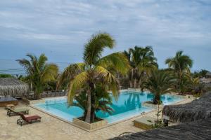 una piscina con palmeras en un complejo en Las Cabañas de Antica, en Vichayito