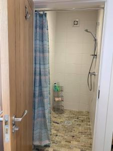 a bathroom with a shower with a shower curtain at Primrose Place Portrush in Portrush