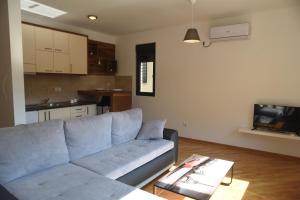 a living room with a blue couch and a kitchen at Apartmani Sunny side sa otvorenim bazenom-besplatan parking in Vrnjačka Banja