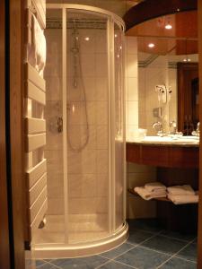 a bathroom with a shower and a sink at Hôtel Le Mittelwihr in Mittelwihr