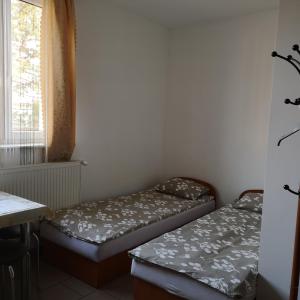 two beds in a small room with a window at noclegi u Adama in Kajetany