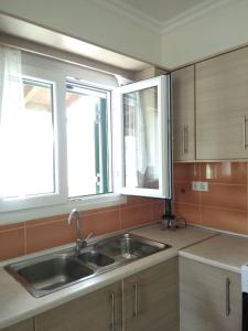 a kitchen with a sink and two windows at Lonelia's Family Homes in Lefkímmi