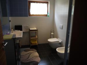 a small bathroom with a toilet and a sink at Hörtmairhof in Campo Tures