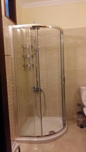 a shower with a glass door in a bathroom at PHILIPPOS Hotel Apartments in Nikiana