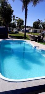 a large pool of blue water in a yard at Echo Beach Tourist Park in Lakes Entrance