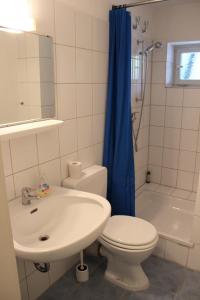 Un baño con lavabo, inodoro y ducha. en Outdoor Zentrum Allgäu- Hostel, en Bihlerdorf