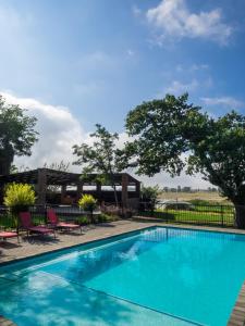 a swimming pool with chairs and trees in the background at Hotel @ Secunda in Secunda