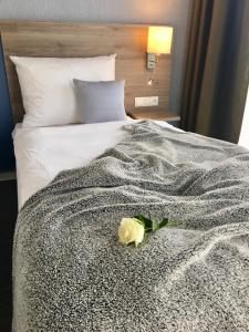 una rosa blanca en una cama con una manta en StadtHotel ARTE en Remagen