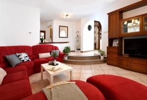 ein Wohnzimmer mit einem roten Sofa und einem Fernseher in der Unterkunft Villa Luna in Poreč