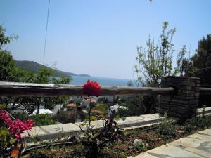a red flower on a wooden fence with a view at Blue Dolphin in Batsi