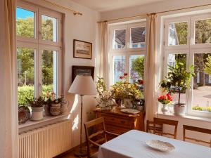 ein Esszimmer mit Fenstern und einem Tisch mit Blumen in der Unterkunft Villa Anna in Zinnowitz