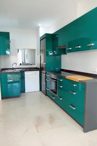 cocina grande con armarios y electrodomésticos verdes en Villa Cel, en Cala en Blanes