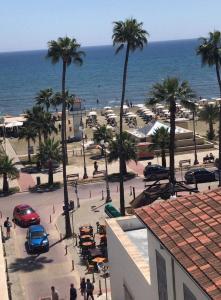 a view of a beach with palm trees and cars at Nautilus Tourist Apartments in Larnaka