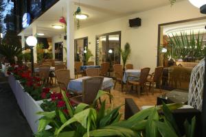 a restaurant with tables and chairs and plants at Hotel Busignani in Rimini