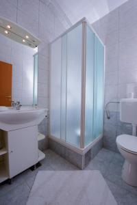 a bathroom with a shower and a sink and a toilet at Pension Maric Rooms in Brist