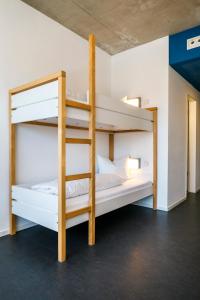 two bunk beds in a room with a ladder at Jugendherberge Schweinfurt in Schweinfurt