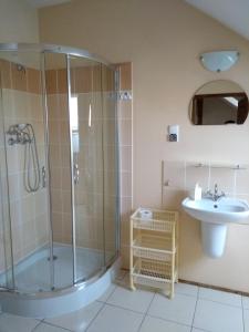a bathroom with a shower and a sink at Dworek u Leszczyńskich in Gościszewo +27 photos