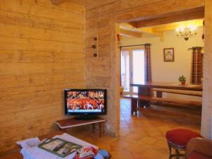 a living room with a television and a table at Ker Carlit in Saint-Pierre-dels-Forcats