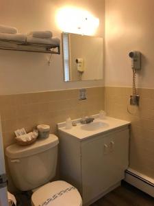 ein Badezimmer mit einem WC, einem Waschbecken und einem Spiegel in der Unterkunft Coastal Inn Digby in Digby