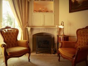 a living room with two chairs and a fireplace at Hotel Pegasus in Apeldoorn