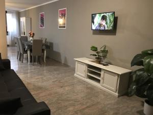 a living room with a couch and a tv on a wall at Anfite Apartments Castelletto in Peschiera del Garda