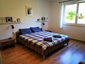 una camera da letto con un letto con una coperta scozzese e una finestra di Apartments Dina a Pola (Pula)