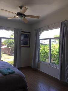 a bedroom with two windows and a ceiling fan at Zona Dorada Mazatlan in Mazatlán