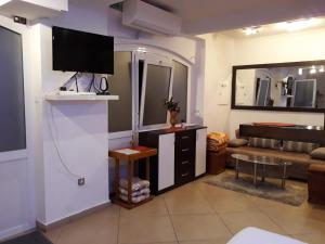 a living room with a flat screen tv on a wall at Studio Apartment Vukic in Dubrovnik