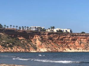 a view of a cliff with palm trees on a beach at Cabo Roig - Blue Luxury Apartment in Cabo Roig