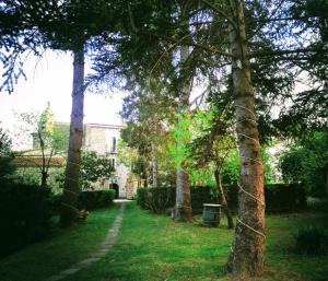 a garden with trees and a house in the background at La Quercia di Aorivola in Caianello Vecchio