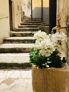 a planter with white flowers in front of stairs at Ponticelli B&B Boutique in Gravina in Puglia