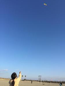 Un niño volando una cometa en la playa en 磯ノ浦駅前ゲストハウス 月と空moon and sky, en Wakayama