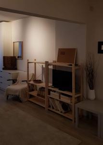 a living room with a tv on a wooden shelf at Red Door Apartment in Sofia