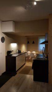 eine Küche mit einer Theke und einem Tisch in einem Zimmer in der Unterkunft Red Door Apartment in Sofia