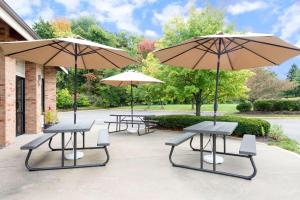 3 tavoli da picnic con ombrelloni su un patio di Baymont by Wyndham Zanesville a Zanesville