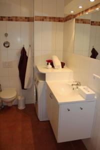 a bathroom with a sink and a toilet and a mirror at Ferienwohnung Windrose 7 in Großenbrode