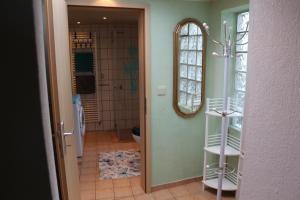 a bathroom with a toilet and a mirror at Susanne in Koblenz +11 photos
