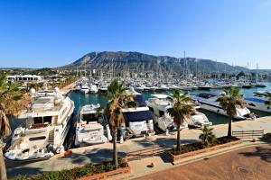 a bunch of boats in a marina with palm trees at Vilamar VyB in Denia