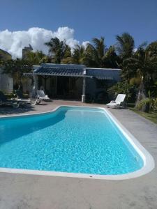 藍海灣的住宿－Villa Verde , haven of peace and love，一座大蓝色游泳池,位于房子前